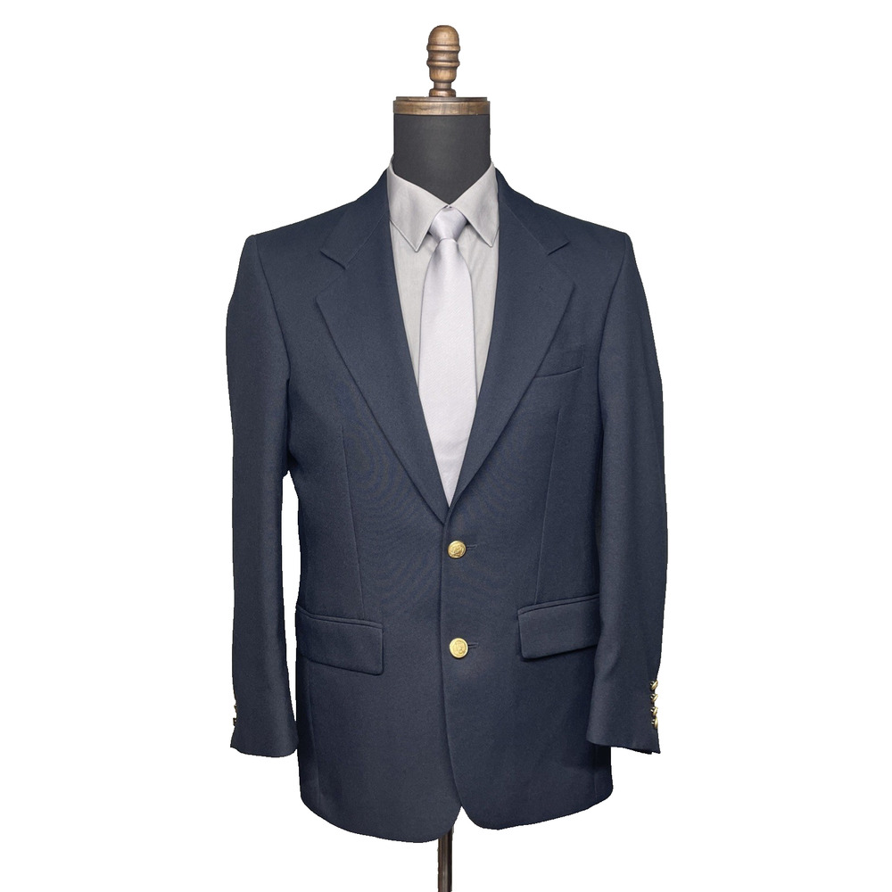 Vintage Hardwick Men 36R Navy Blazer Gold Crest Buttons USA Tailored Sport Coat